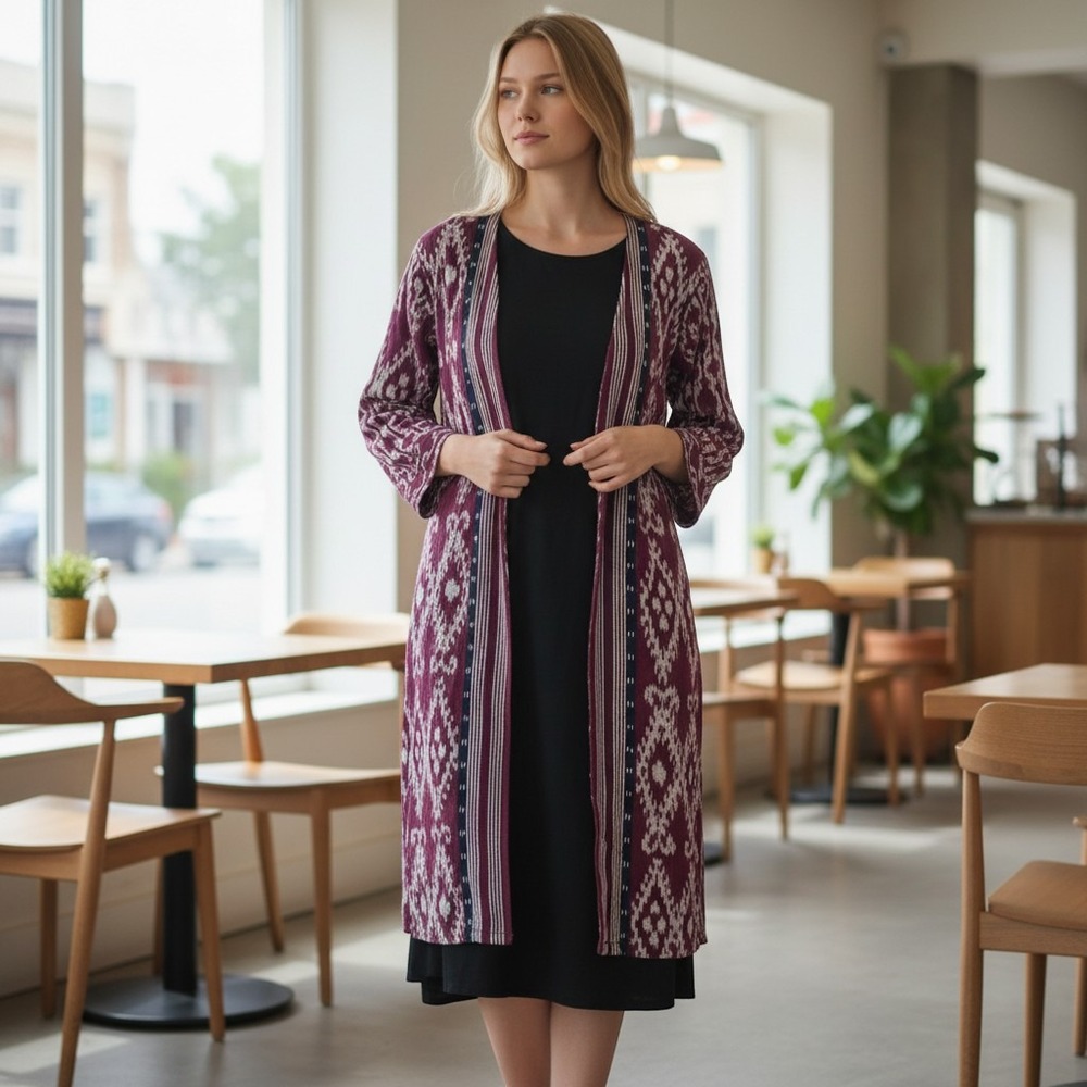 NOVICA "Kartini Burgundy" Long Handwoven Cotton Ikat Duster Jacket womens medium